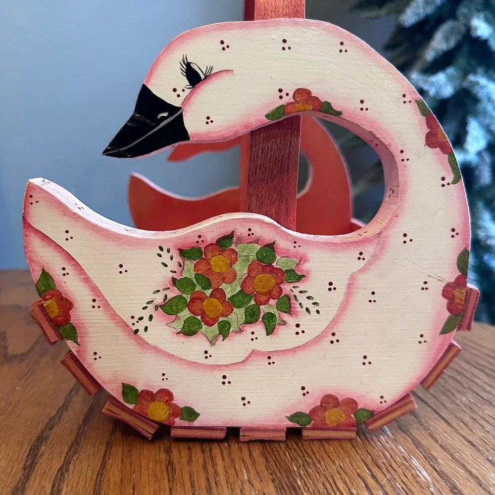 Wooden Swan Basket Hand Painted Folk Art Cottagecore Goose Geese